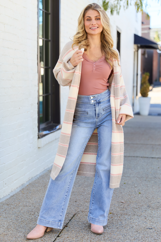 Breleigh Taupe and Pink Striped Long Cardigan SALE