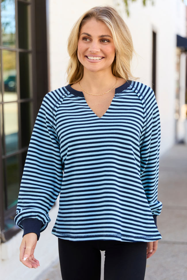 Harlee Blue Stripe V-neck Striped Waffle Knit Top SALE