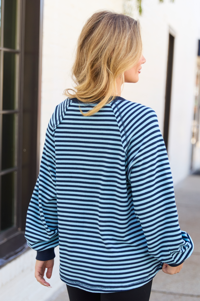 Harlee Blue Stripe V-neck Striped Waffle Knit Top SALE