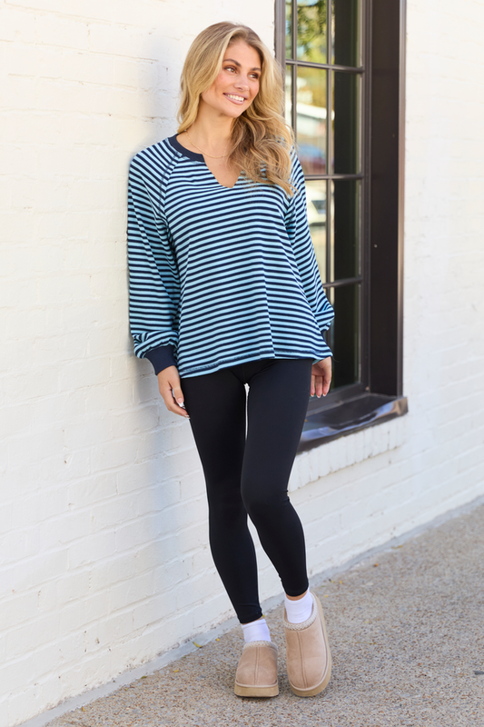 Harlee Blue Stripe V-neck Striped Waffle Knit Top SALE