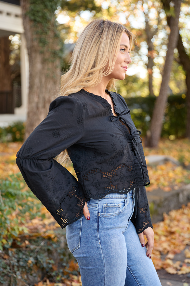 Chesney Black Eyelet Tie Front Top