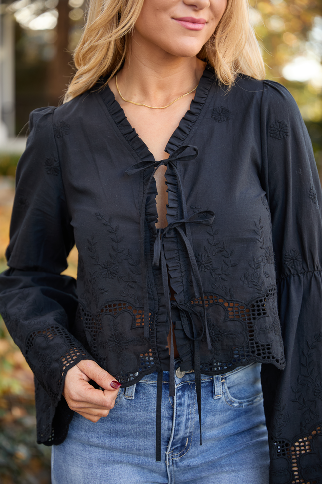 Chesney Black Eyelet Tie Front Top