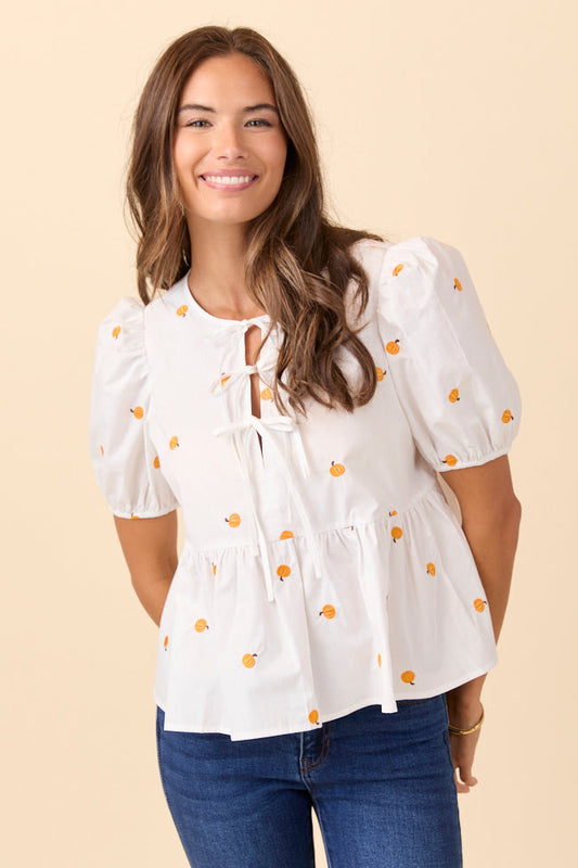 Angela Short Sleeve White Embroidered Pumpkin Peplum Top FINAL SALE