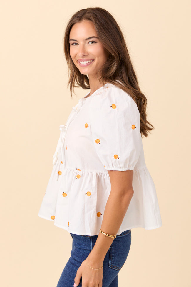 Angela Short Sleeve White Embroidered Pumpkin Peplum Top FINAL SALE