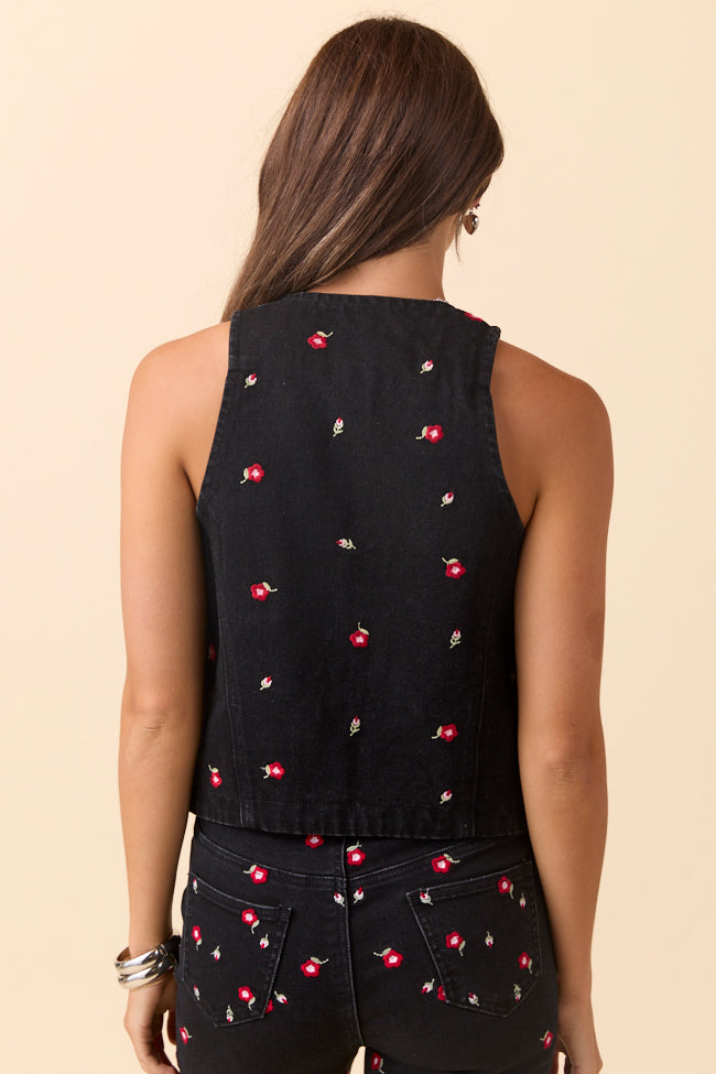 Beneath The Moon Floral Embroidered Stretch Denim Vest