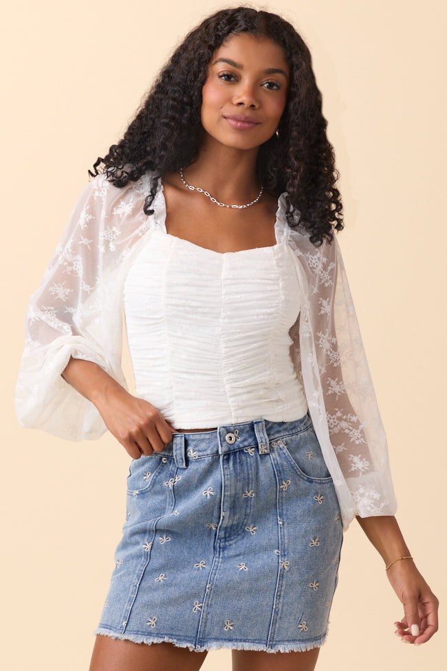The Lucy Ivory Floral Mesh Ruched Top