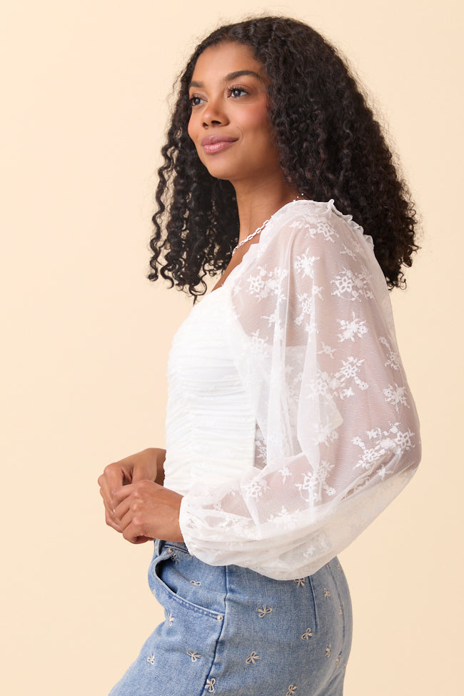 The Lucy Ivory Floral Mesh Ruched Top