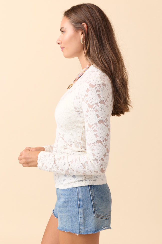 Nicks Long Sleeve Ivory Floral Mesh Crewneck Top