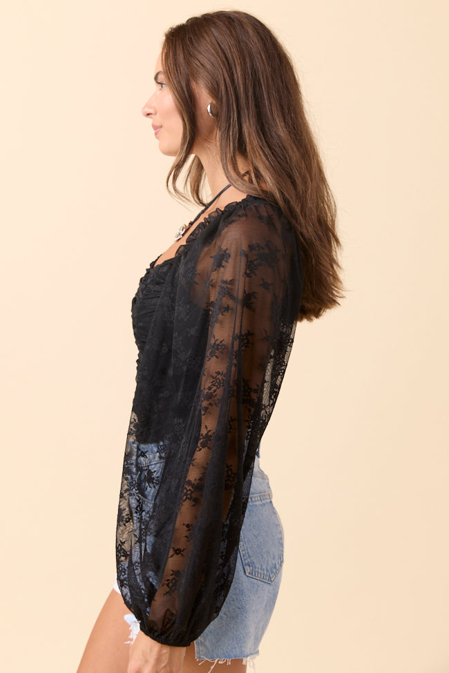 The Lucy Black Floral Mesh Ruched Top