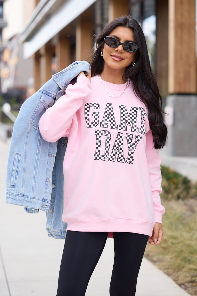 Checkered Game Day Light Pink Graphic Sweatshirt