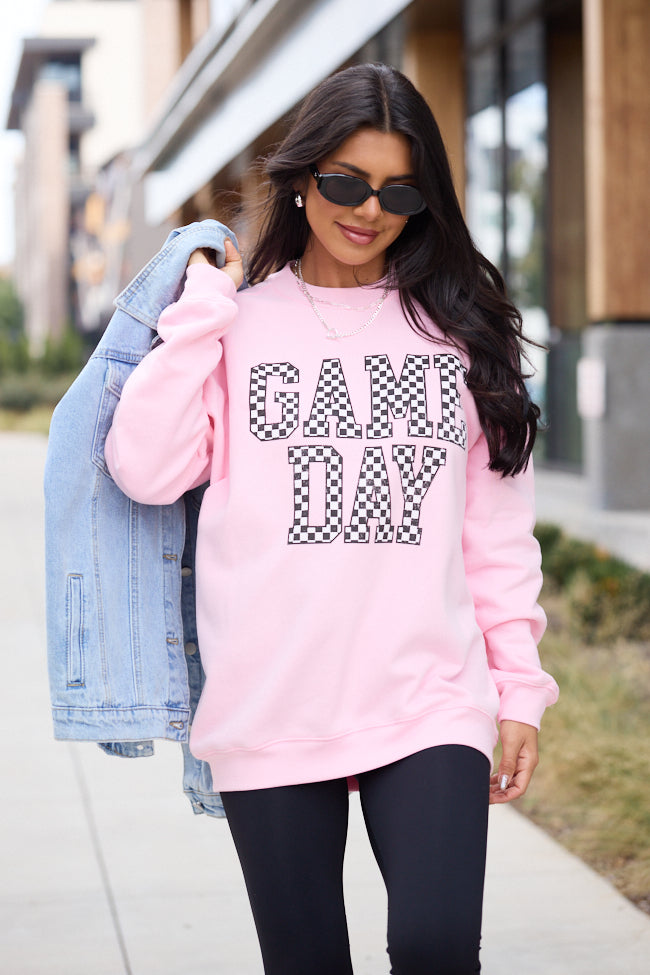 Checkered Game Day Light Pink Graphic Sweatshirt
