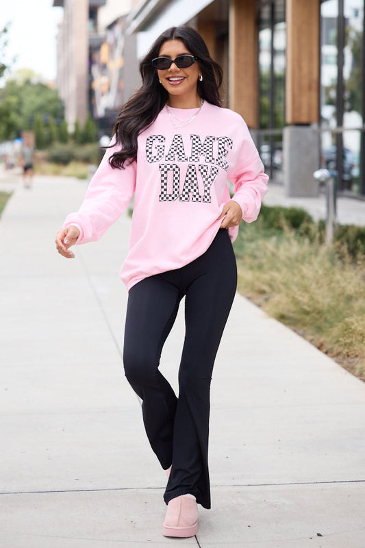 Checkered Game Day Light Pink Graphic Sweatshirt