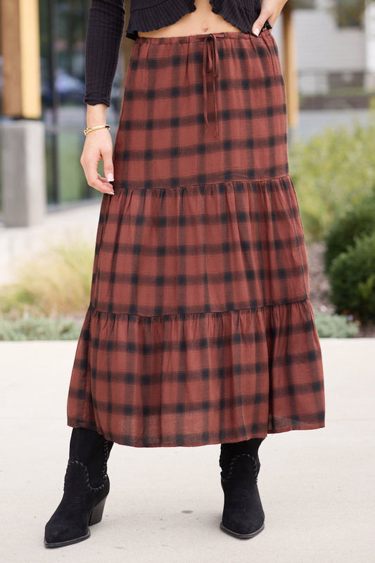 Rena Rust Plaid Midi Skirt