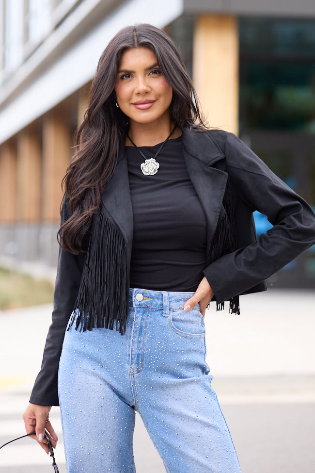 Christina Black Faux Suede Fringe Jacket