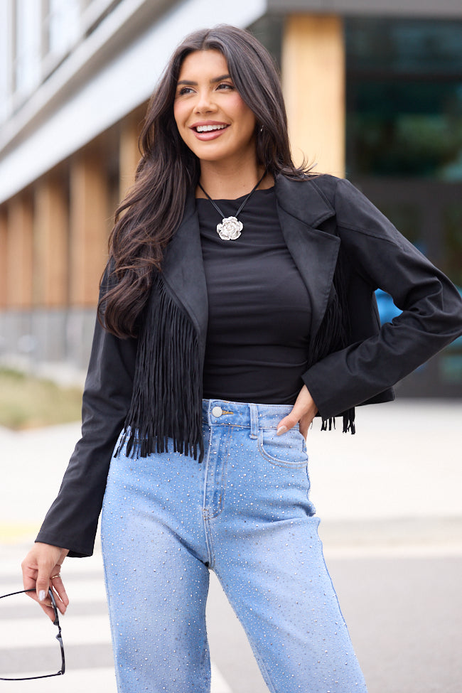 Christina Black Faux Suede Fringe Jacket