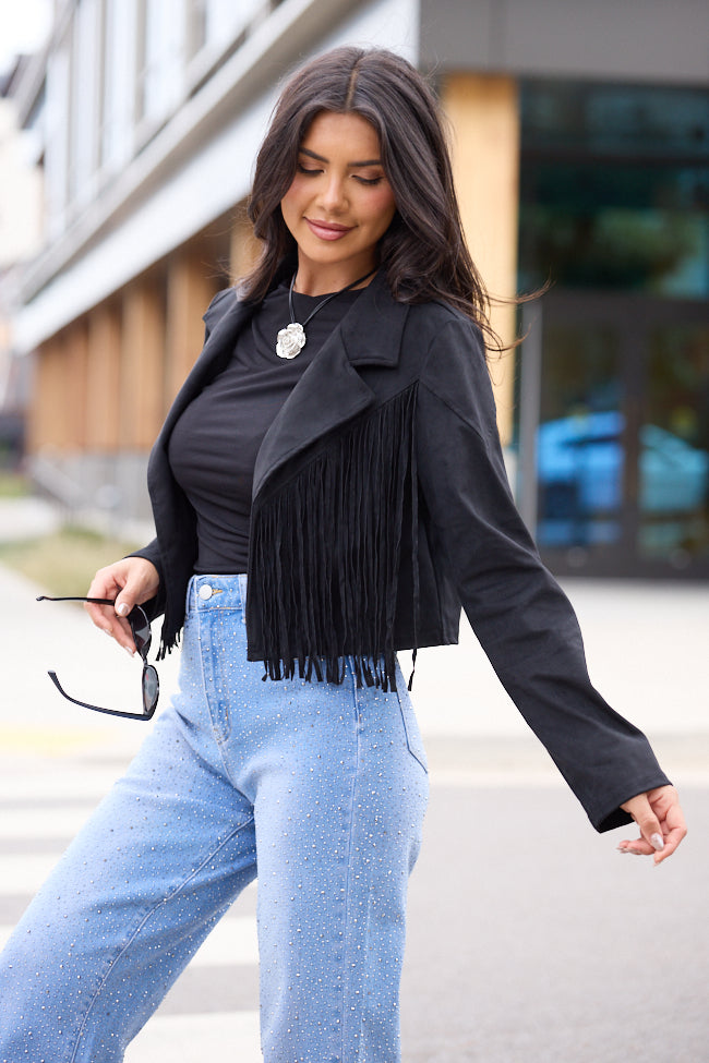 Christina Black Faux Suede Fringe Jacket