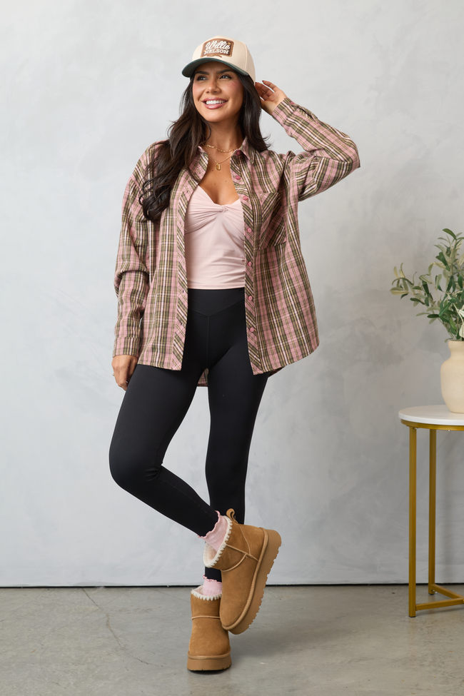Rory Pink And Green Plaid Flannel Button Down Top SALE