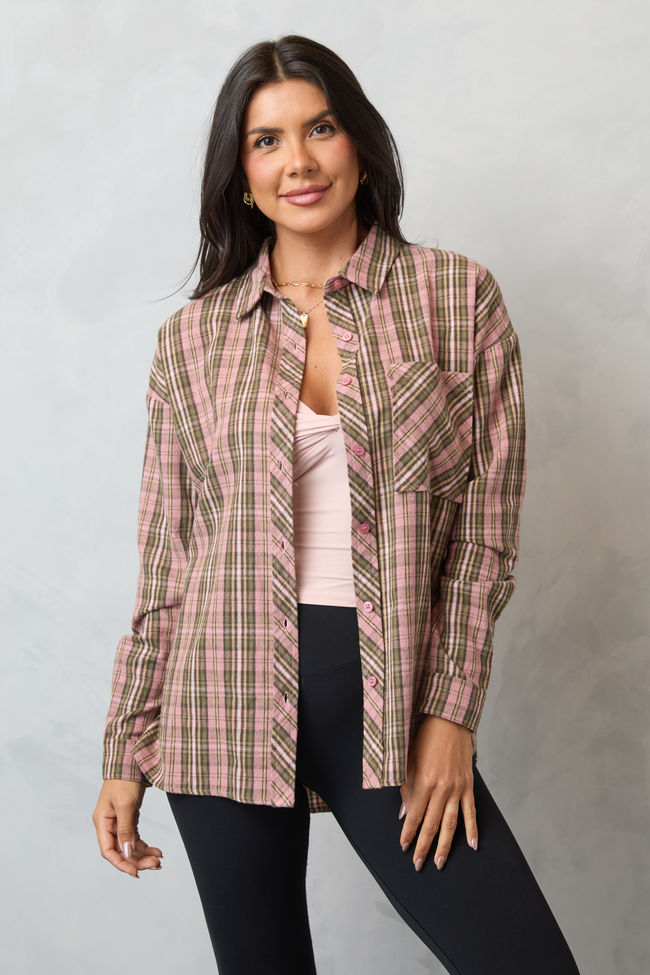 Rory Pink And Green Plaid Flannel Button Down Top SALE