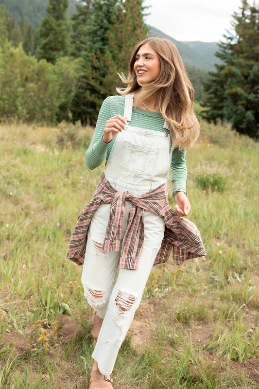 Brynn Light Wash Distressed Denim Overalls