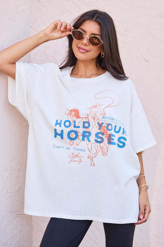 Hold Your Horses Off White Oversized Graphic Tee