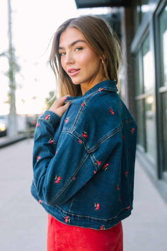 My Favorite Cherry Embroidered Stretch Denim Jacket FINAL SALE