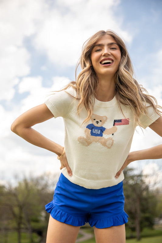 Made For Celebratin' Ivory Americana Short Sleeve Bear Sweater SALE