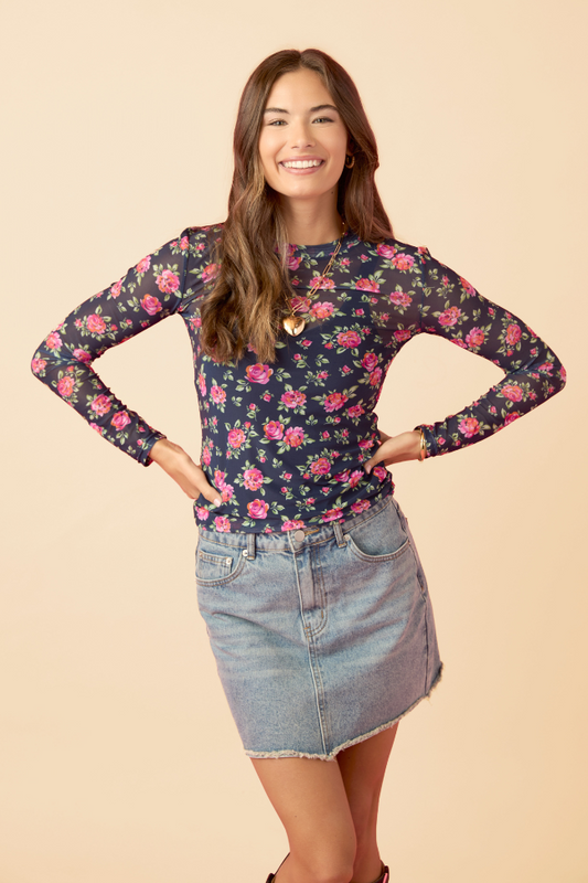 Ansley Long Sleeve Blue Floral Mesh Crewneck Top