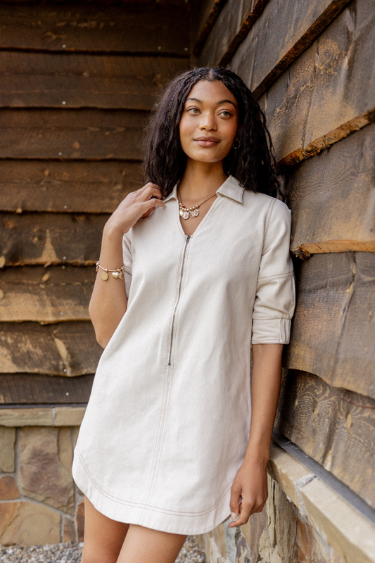 Rita Ecru Front Zip Mini Dress