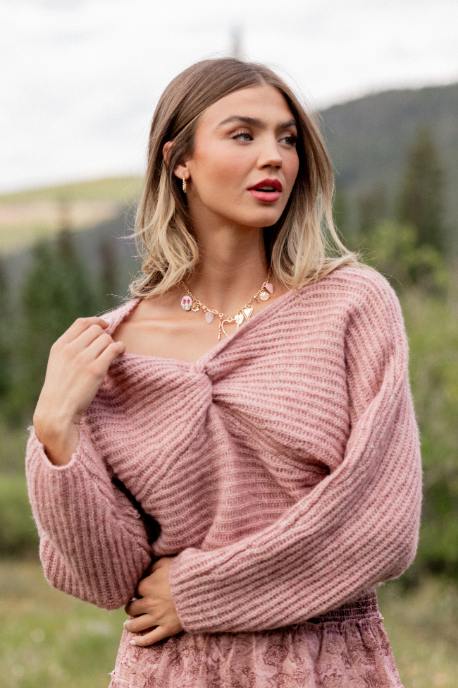 Gisele Front Twist Heathered Light Pink Sweater SALE