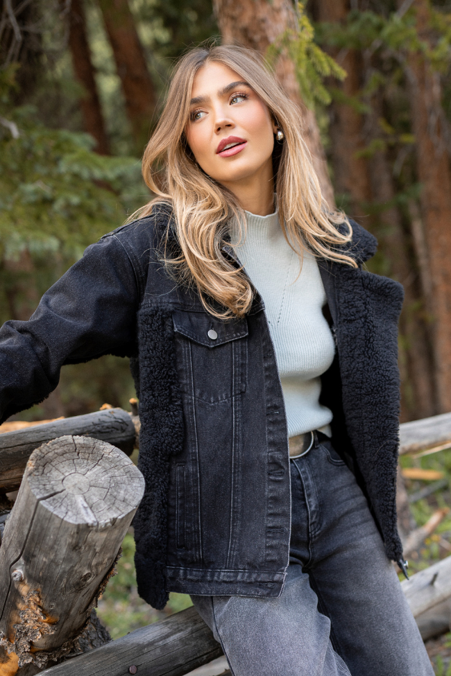 Picking Sides Black Wash Sherpa Detail Oversized Denim Jacket