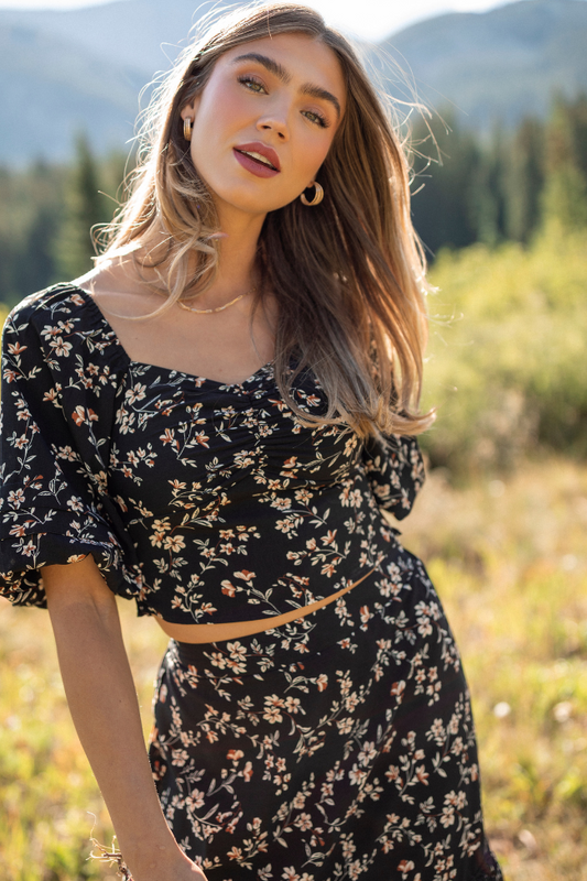 Sasha Black Floral Puff Sleeve Smocked Blouse
